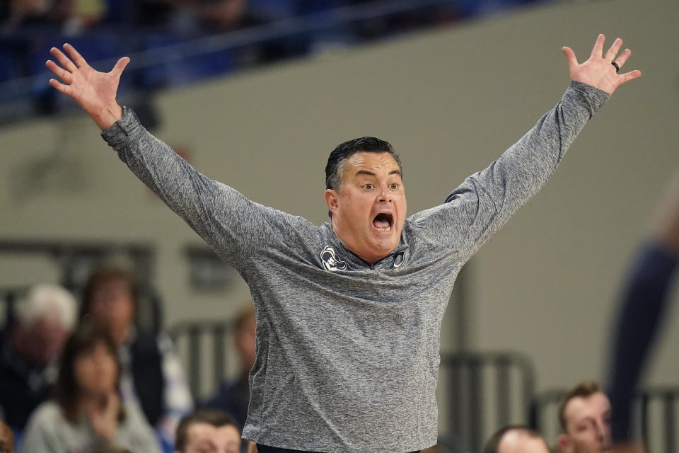 Xavier head coach Sean Miller reacts during the second half of the team's NCAA college basketball game against Gonzaga in the Phil Knight Legacy tournament Sunday, Nov. 27, 2022, in Portland, Ore. (AP Photo/Rick Bowmer)