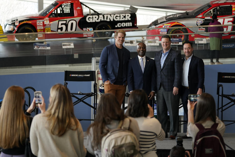 Fox Sports broadcaster Greg Olsen, from left, North Carolina State Rep. Zack Hawkins, D-Durham, NASCAR COO Steve O'Donnell and DraftKings Chief Commercial Officer Jeremy Elbaum pose during a DraftKings event celebrating the launch of mobile and online sports wagering across North Carolina at the NASCAR Hall of Fame, Monday, March 11, 2024, in Charlotte, N.C. (AP Photo/Erik Verduzco)