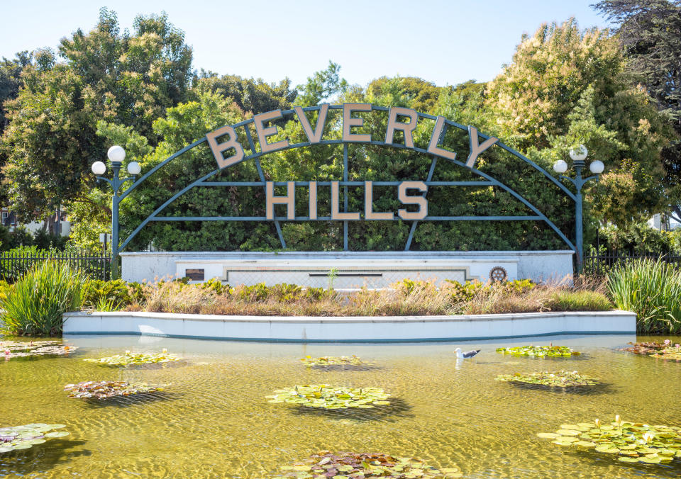 The Beverly Hills Sign at Beverly Gardens Park on July 30, 2020, in Beverly Hills, California.  / Credit: RBL/Bauer-Griffin/Getty Images