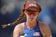 Kelly Claes, of the United States, competes during a women's beach volleyball match against Kenya at the 2020 Summer Olympics, Thursday, July 29, 2021, in Tokyo, Japan. (AP Photo/Petros Giannakouris)