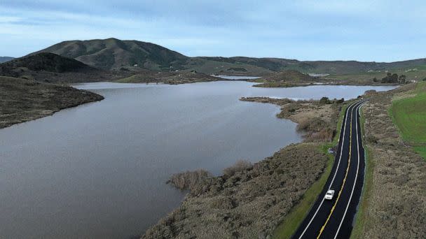 PHOTO: In an aerial view, the Nicasio Reservoir is seen at 100 percent capacity after a series of atmospheric river events drenched Northern California, on Jan. 12, 2023, in Nicasio, Calif. (Justin Sullivan/Getty Images)