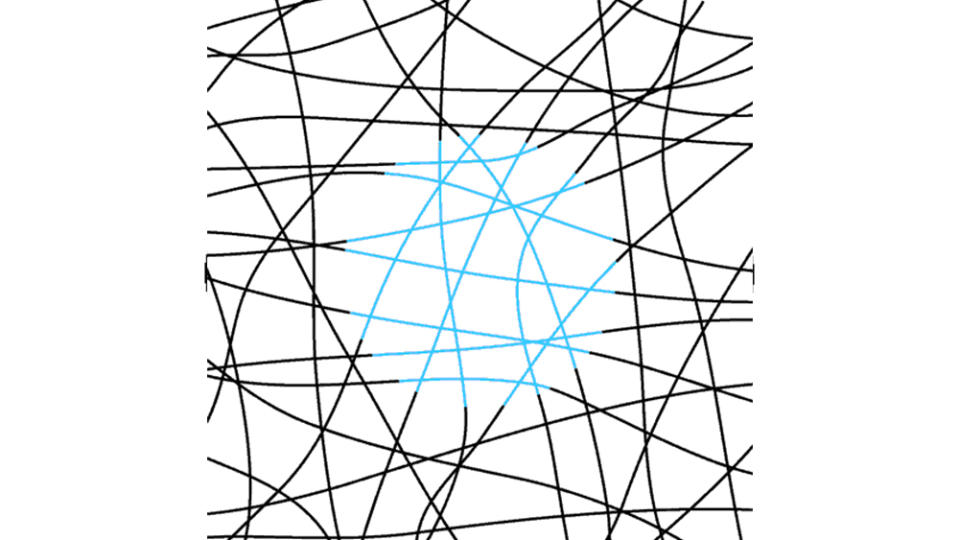 An example of a neon colour spreading optical illusion that shows the appearance of what looks like a white circle on a background of black and blue lines
