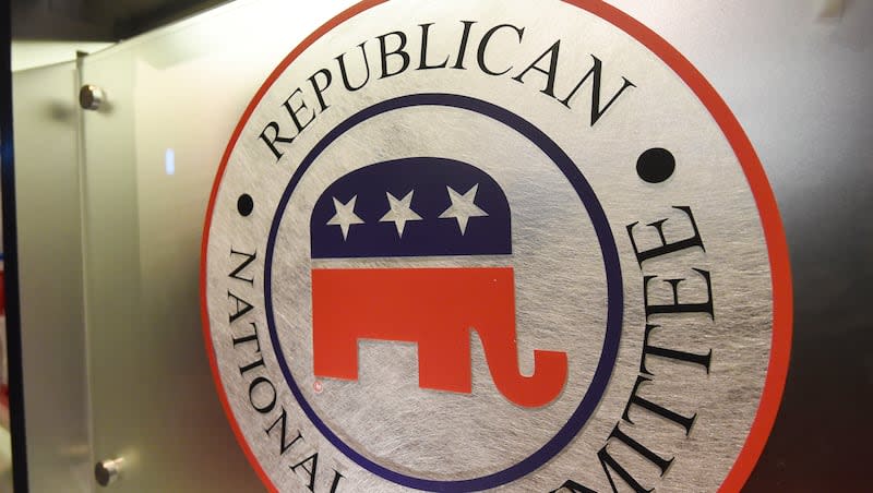 The Republican National Committee logo is shown on the stage at the North Charleston Coliseum, Jan. 13, 2016, in North Charleston, S.C. The Republican National Committee’s Washington headquarters was briefly evacuated on Wednesday as police investigated vials of blood that had been addressed to former President Donald Trump, the party’s presumptive presidential nominee.