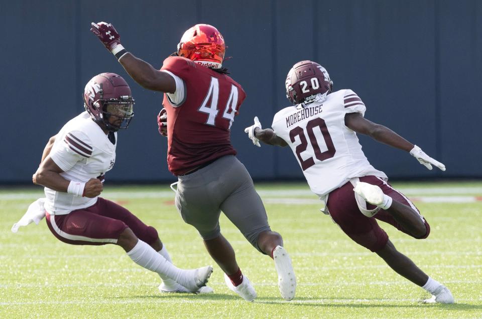 Virginia Union's Gabriel Norman runs back a pick six against Morehouse on Sunday.