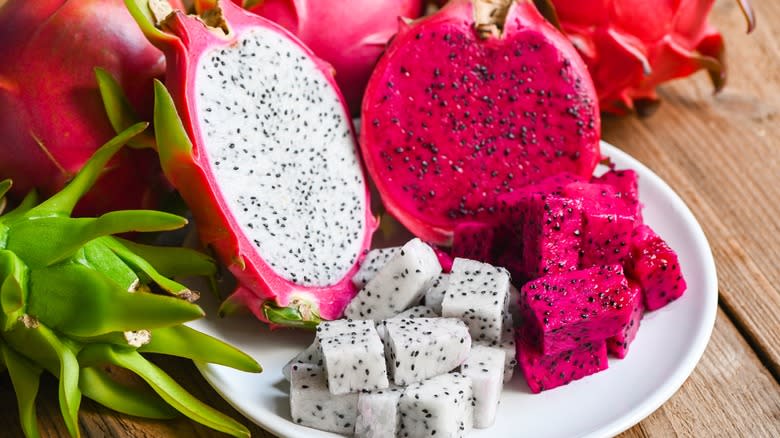Dragon fruit pieces on plate