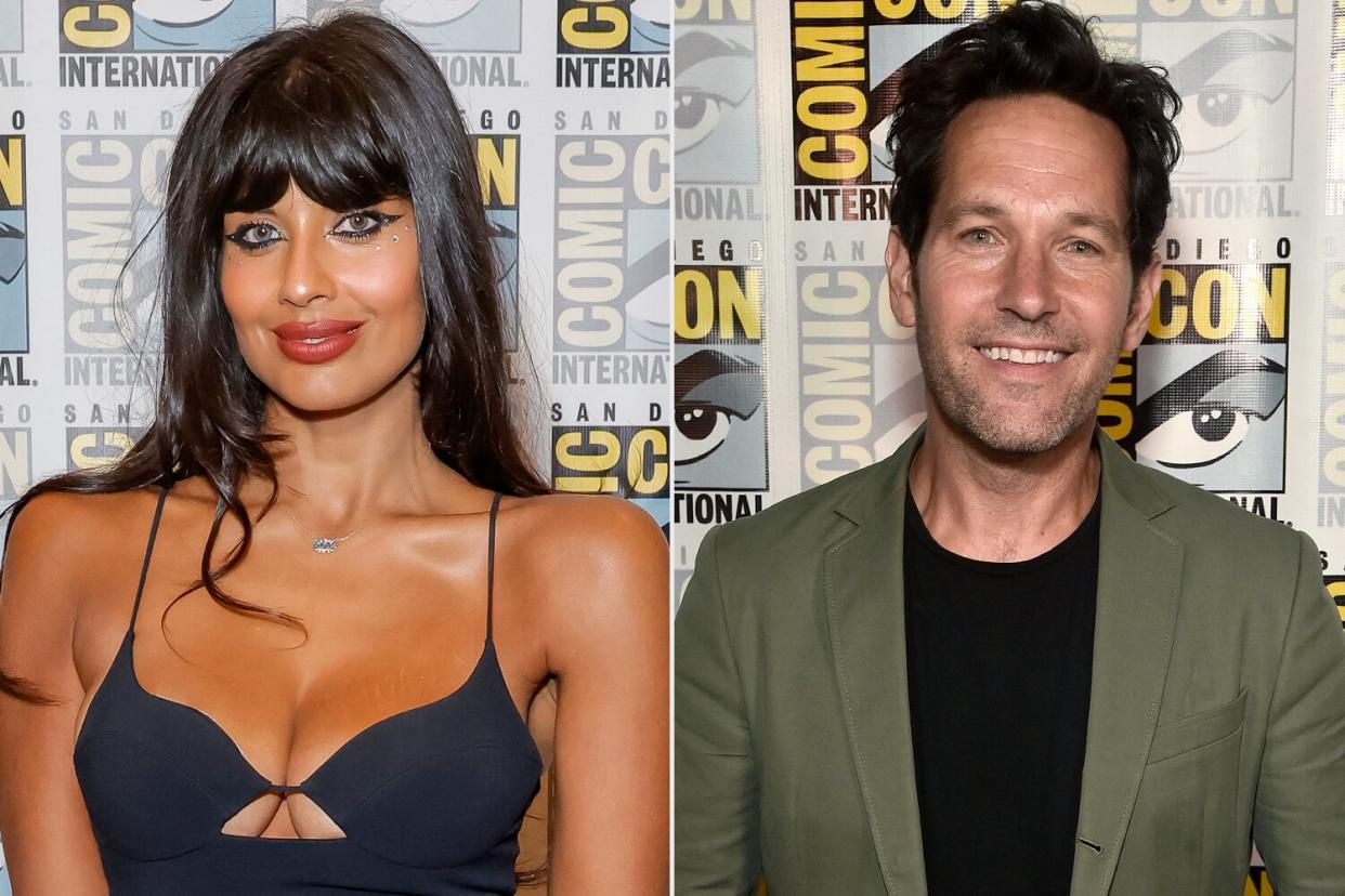 Jameela Jamil and Paul Rudd attend the Marvel Cinematic Universe press line during 2022 Comic Con International
