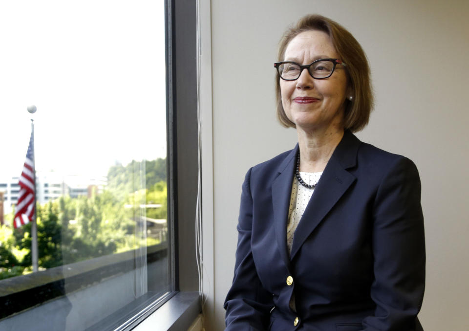 FILE - Oregon Attorney General Ellen Rosenblum poses for a photo at her office in Portland, Ore., July 13, 2016. Oregon's attorney general announced Monday, June 5, 2023she has begun investigating the board of directors of Fox Corp. for breaching its fiduciary duties by allowing Fox News to broadcast false claims about the 2020 presidential election — claims that cost the broadcaster almost $800 million in a lawsuit. (AP Photo/Don Ryan, File)