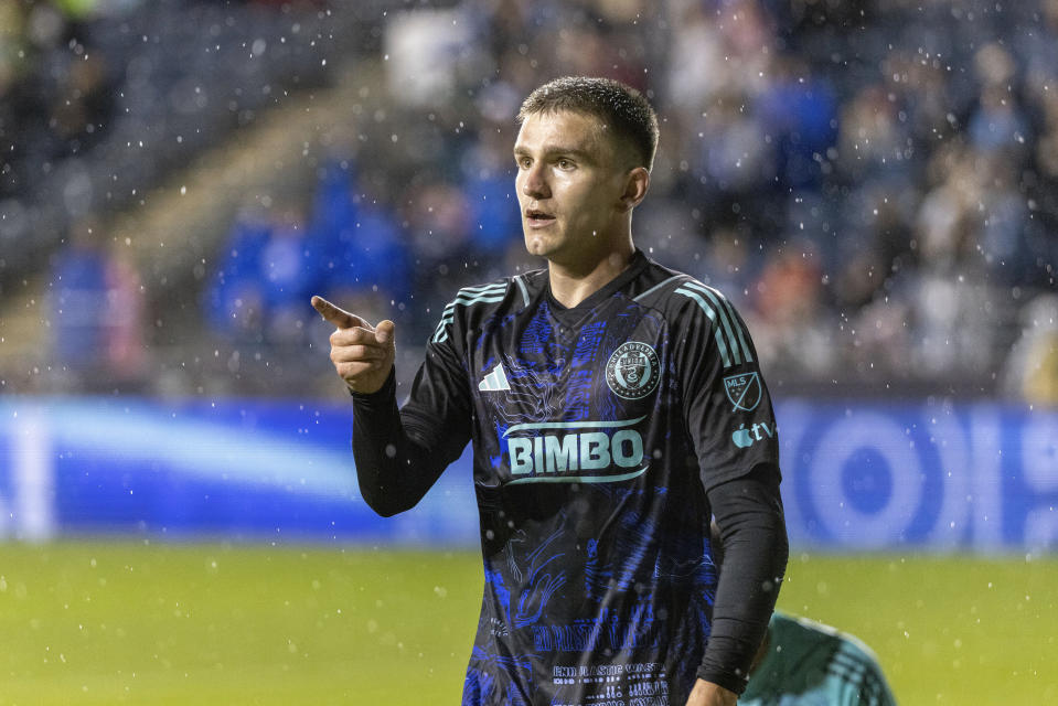 Philadelphia Union forward Mikael Uhre gestures after he scored against Toronto FC during the second half of an MLS soccer match Saturday, April 22, 2023, in Chester, Pa. (AP Photo/Laurence Kesterson)