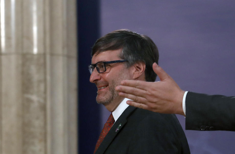 Matthew Palmer, Deputy Assistant Secretary of the U.S.Department of State - Bureau of European and Eurasian Affairs, left, and Serbian President Aleksandar Vucic leave after a press conference in Belgrade, Serbia, Monday, Nov. 4, 2019. The U.S. has intensified efforts to help relaunch stalled talks on normalizing relations between Serbia and Kosovo, a former province whose 2008 declaration of independence Belgrade does not recognize. (AP Photo/Darko Vojinovic)