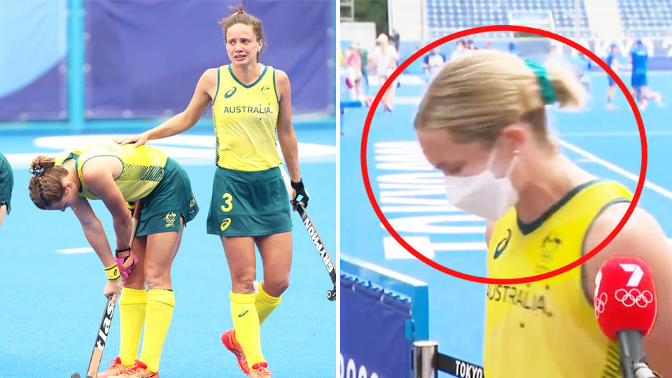 Edwina Bone (pictured right) choked up in her interview after the Hockeyroos (pictured left) were shocked in their quarter-final match against India in Tokyo.