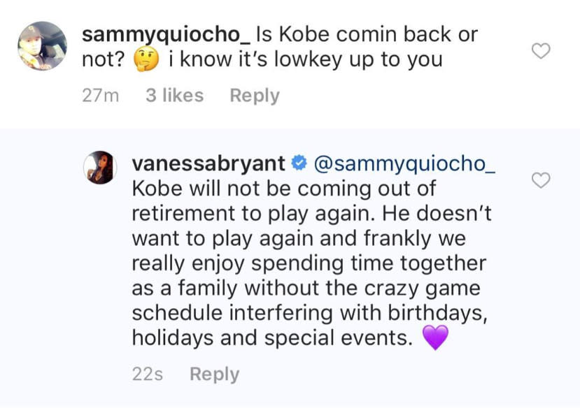 Vanessa Bryant shot down rumors that her husband Kobe is returning to the Lakers. (Instagram)