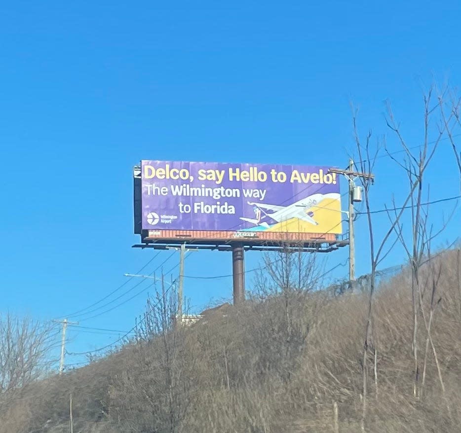 A billboard overlooking I-95 North advertising Avelo's service in Wilmington