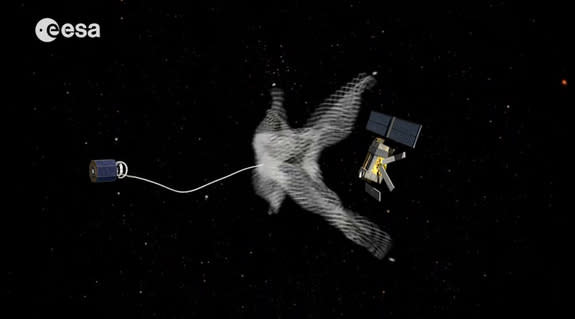 Artist's conception of a future mission to deorbit a piece of space junk.