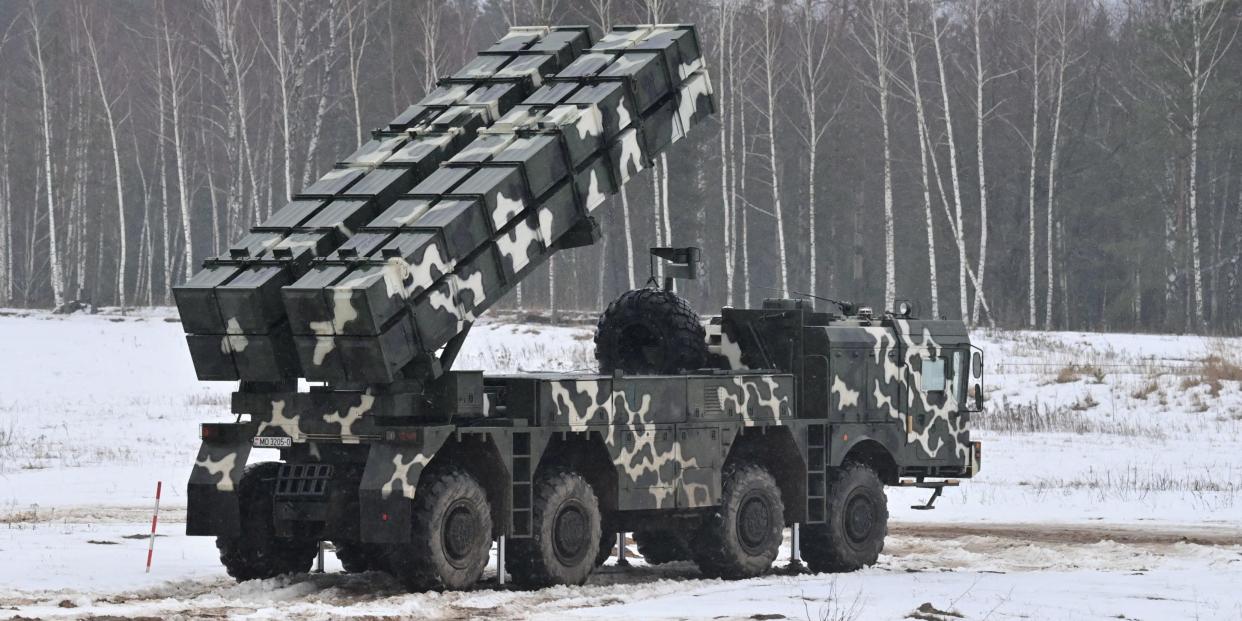 A rocket launcher system seen during military drills held by Russia and Belarus at the Osipovichsky training ground in the Mogilev region, Belarus, February 17, 2022.