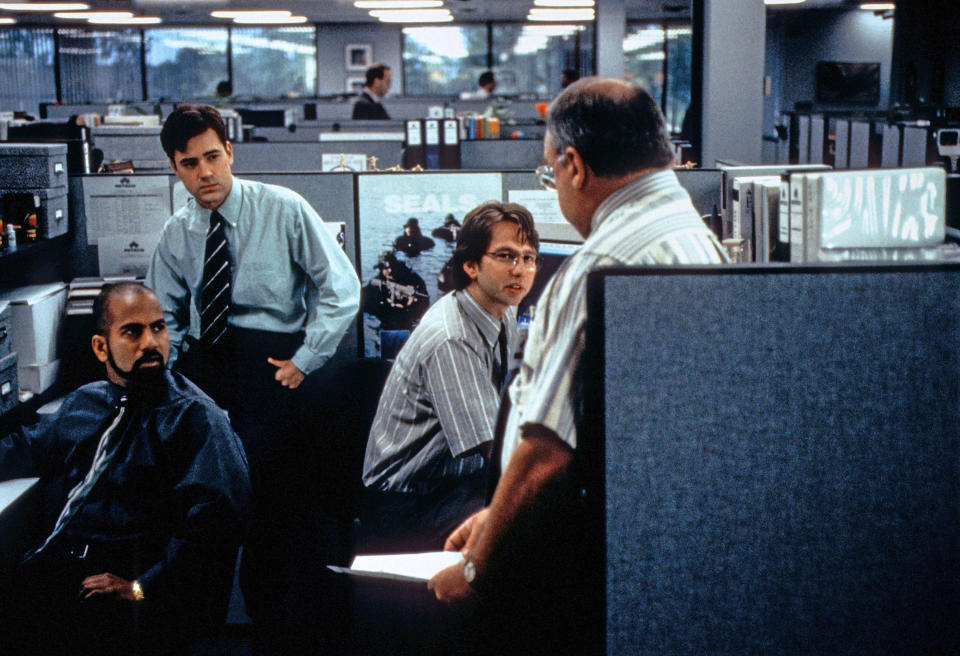 (L-R): Samir (Ajay Naidu), Peter (Ron Livingston), Michael (David Herman) and Tom (Richard Riehle) in "Office Space"