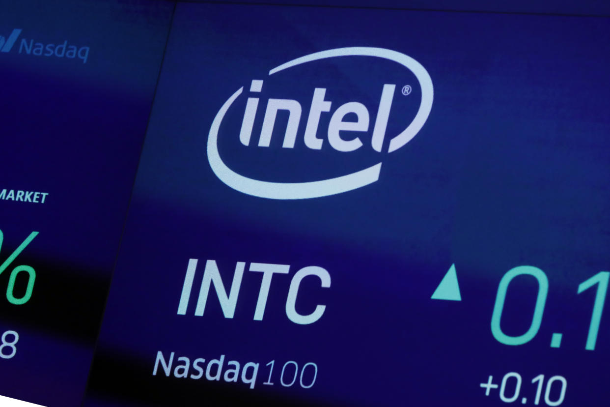 The symbol for Intel appears on a screen at the Nasdaq MarketSite, in New York, Tuesday Oct. 1, 2019. (AP Photo/Richard Drew)                                                                                                   