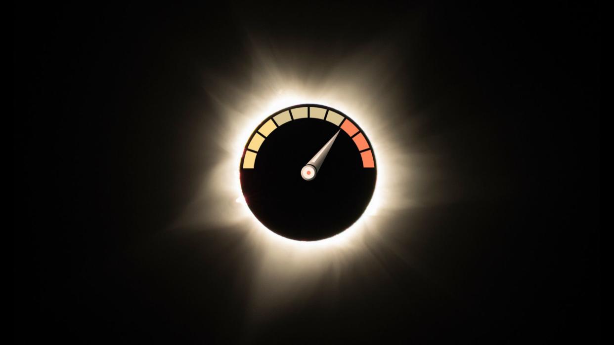  Total solar eclipse with a speedometer graphic in the center. 