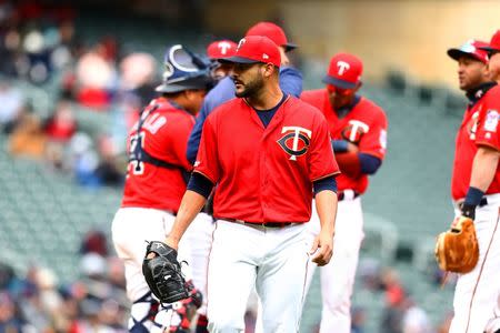 Mar 31, 2019; Minneapolis, MN, USA; Minnesota Twins starting pitcher Martin Perez (33) comes out of the game in the top of the eighth inning against the Cleveland Indians at Target Field. Mandatory Credit: David Berding-USA TODAY Sports