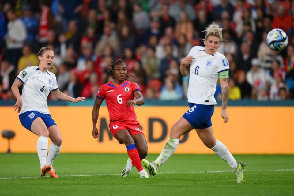 Melchie Dumornay of Haiti shoots while Millie Bright of England attempts to block (Getty Images)