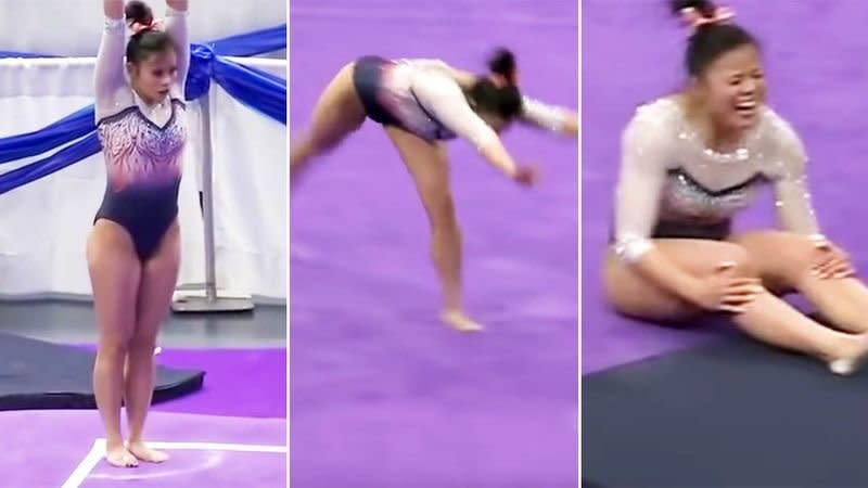 Samantha Cerio's injuries happened at the end of her first tumbling pass in an NCAA regional semifinal. (Photo: Getty Images)