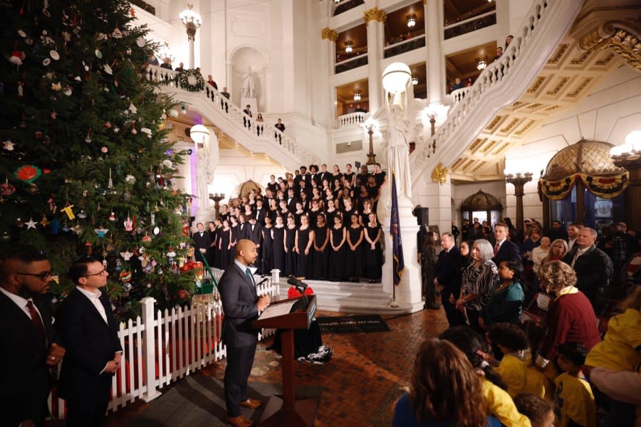 Governor Josh Shapiro, Lieutenant Governor Austin Davis, and Department of General Services Secretary Reggie McNeil kicked off the 2023 holiday season at the Capitol in Harrisburg with the 2023 Annual Tree Lighting Ceremony.