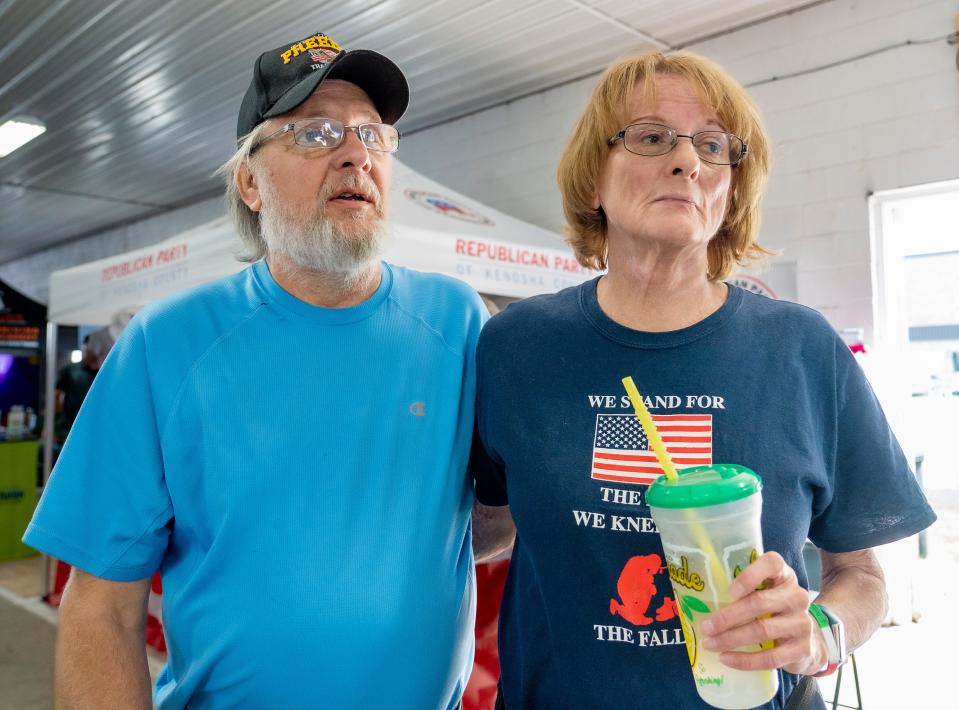 David Adam and Leslie Lauersdorf during an interview at the Republican Party of Kenosha County booth on Friday August 18, 2023 at the Kenosha County Fairgrounds in Wilmot, Wis.