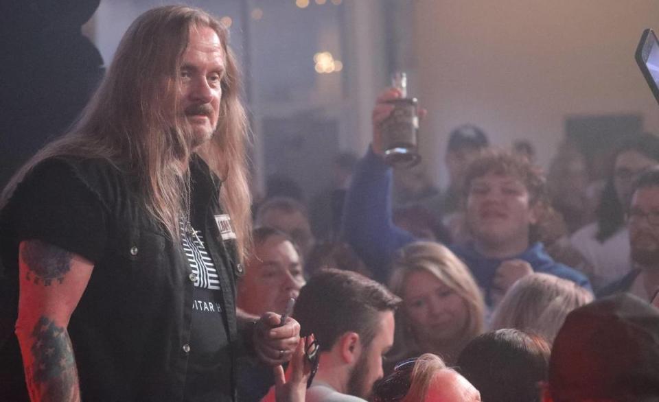 Lead vocalist Johnny Van Zant of the legendary classic rock band Lynyrd Skynyrd signing autographs during an intimate concert at Greyline Station, celebrating the opening of the new Bespoken Spirits Distillery in Lexington, Ky on March 27, 2024.