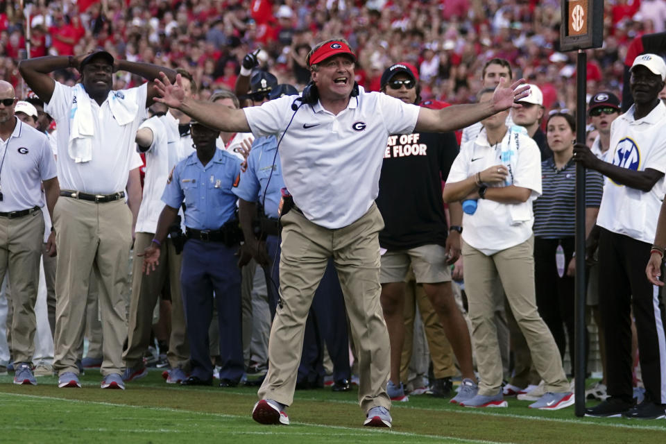 Georgia head coach Kirby Smart, center, reacts on the sideline during the first half of an NCAA college football game against Tennessee-Martin, Saturday, Sept. 2, 2023, in Athens, Ga. (AP Photo/John Bazemore)