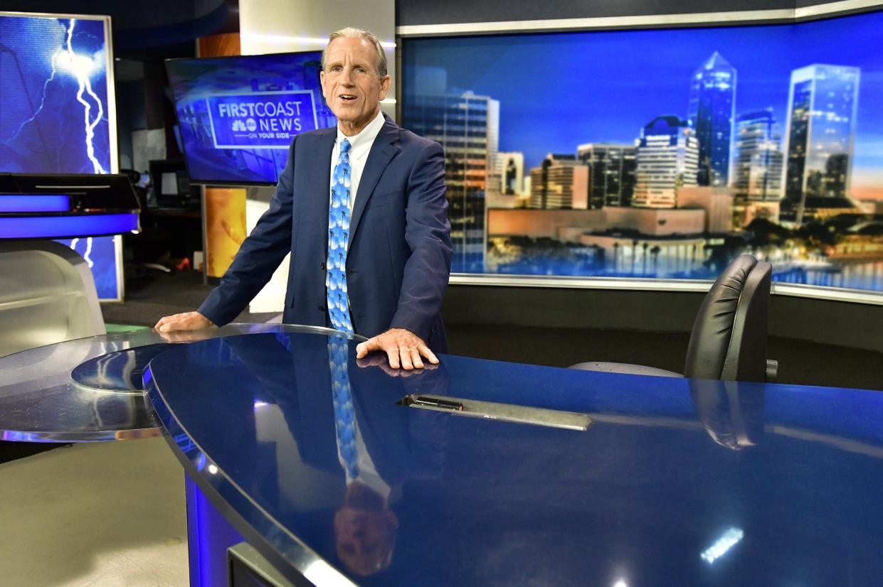 Tim Deegan, photographed Thursday in the newsroom at First Coast News, has been delivering weather forecasts in Jacksonville since 1982. Viewers may have noticed he's no longer doing the 11 p.m. weather, but he is handling earlier evening broadcasts so that he can have more of his mornings for himself.