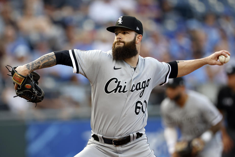 Chicago White Sox pitcher Dallas Keuchel throws against a Kansas City Royals batter in the first inning of a baseball game at Kauffman Stadium in Kansas City, Mo., Monday, July 26, 2021. (AP Photo/Colin E. Braley)