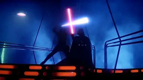 Luke and Darth Vader fight.