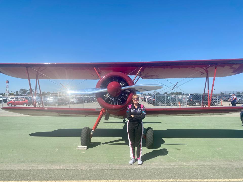 Vicky Benzing and her airshow plane, the 1940 Boeing Stearman, at the California International Airshow in Salinas on 7 Oct. 2023.