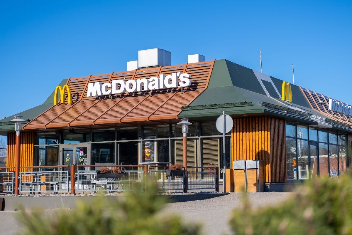 Exterior view of open McDonald's restaurant 