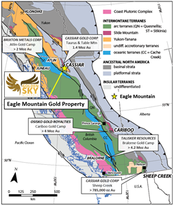 Regional location of the Eagle Mountain Gold Project BC in relation to significant orogenic gold camps. Modified from Allan, M.M., Rhys, D.A. and Hart, C.J.R., 2017, “Orogenic gold mineralization of the eastern Cordilleran gold belt, British Columbia: Structural ore controls in the Cariboo (093A/H), Cassiar (104P) and Sheep Creek (082F) mining districts”: Geoscience BC Report 2017-15, 108 p.