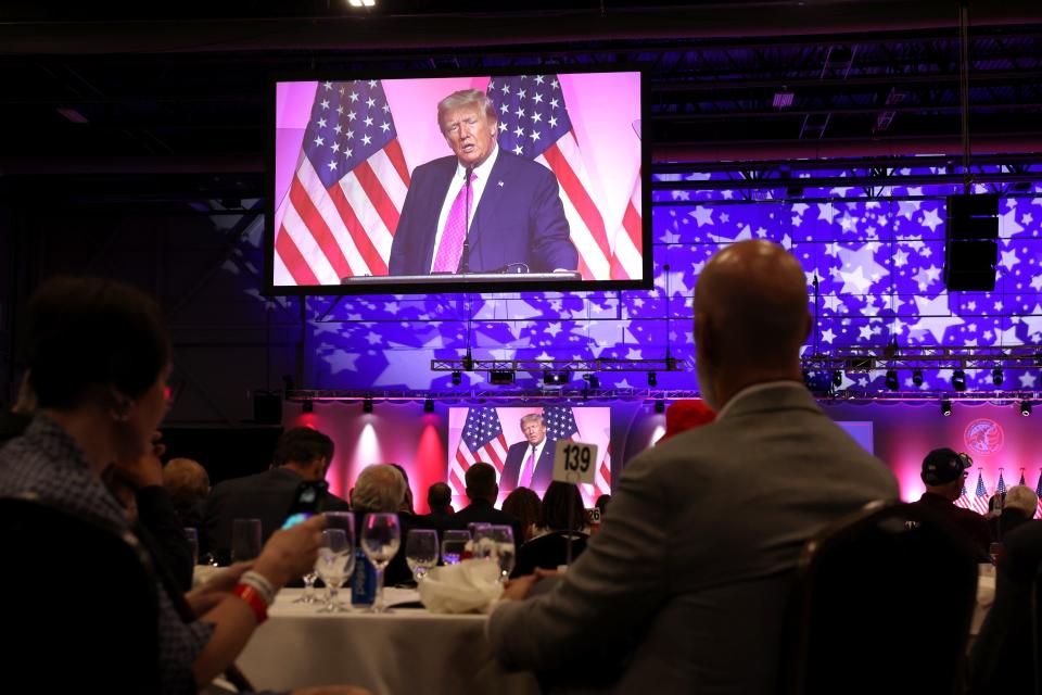 Former U.S. President Donald Trump speaks to guests at the Oakland County Republican Party's Lincoln Day dinner at Suburban Collection Showplace on June 25, 2023 in Novi, Michigan. Local Republicans were to present Trump with a "Man of the Decade" award at the event, which was expected to draw 2,500 people in his first visit to Michigan since launching his 2024 presidential bid.