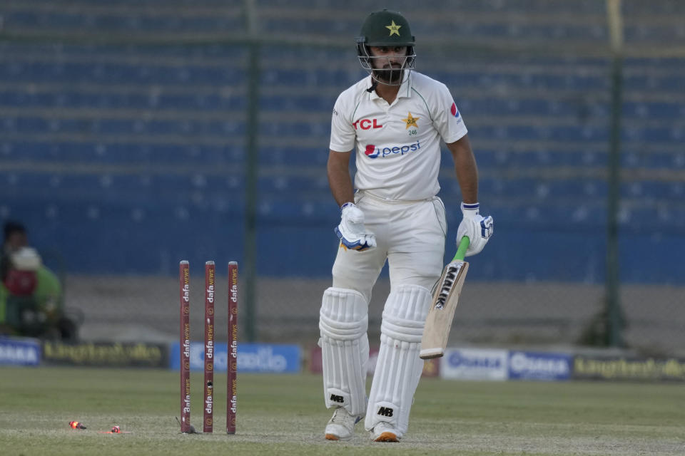 Pakistan's Abdullah Shafique reacts as he is bowled out by New Zealand's Tim Southee during the fourth day of the second test cricket match between Pakistan and New Zealand, in Karachi, Pakistan, Thursday, Jan. 5, 2023. (AP Photo/Fareed Khan)