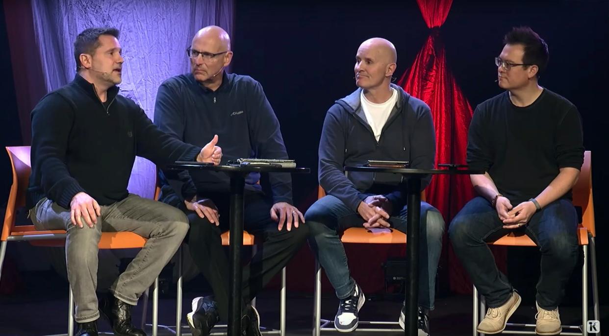 Kensington Church held online-only services on March 15, 2020, because of the coronavirus. L-R, Pastors Chris Zarbaugh, Steven Andrews, Dave Wilson, Andrew Kim. Kensington has 6 churches in Michigan and is believed to be the largest evangelical Protestant congregation in the state.