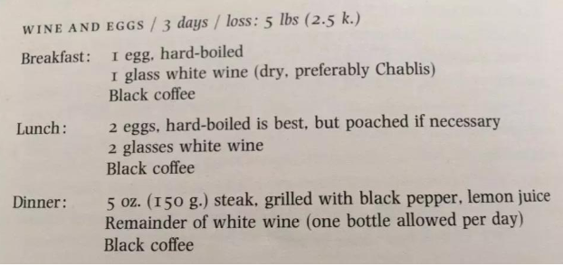 The three-day meal plan for the ‘Wine and Eggs’ diet. Source: Twitter/Starvibes