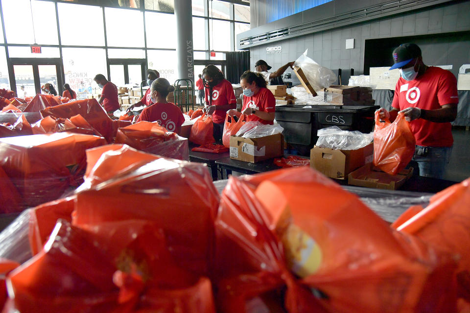 New Yorkers in need receive free produce, dry goods, and meat at a Food Bank For New York City distribution event at Barclays Center on July 30, 2020 in New York City.. (Photo by Michael Loccisano/Getty Images for Food Bank For New York City)