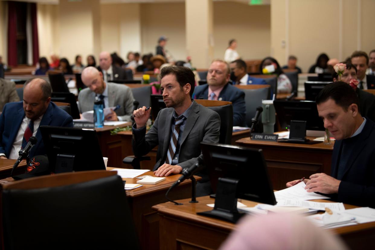 Council member Sean Parker speaks during the first Metro Council meeting of the new term at Historic Metro Nashville Courthouse in Nashville , Tenn., Tuesday, Oct. 3, 2023.