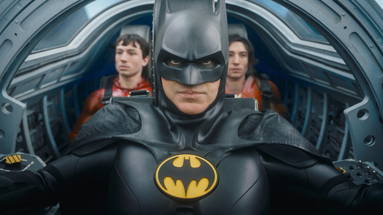  Michael Keaton's Batman piloting Batplane in The Flash movie 