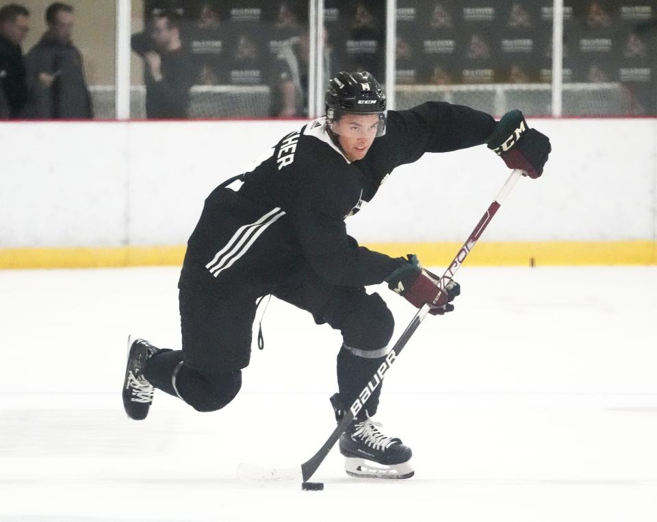 Arizona Coyotes Dylan Guenther (11) during rookie camp at Ice Den Scottsdale on Sept. 13, 2023.