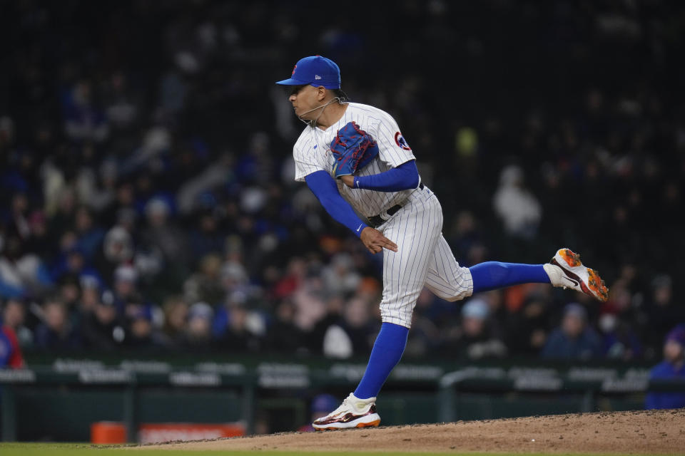 Chicago Cubs relief pitcher Adbert Alzolay throws during the sixth inning of the team's baseball game against the San Diego Padres on Tuesday, April 25, 2023, in Chicago. (AP Photo/Erin Hooley)