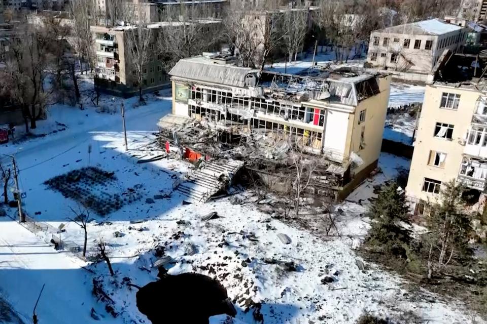 This image of Bakhmut shot from the air with a drone shows how the longest battle of the year-long Russian invasion has turned the city of salt and gypsum mines in eastern Ukraine into a ghost town.