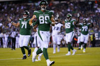 New York Jets' Jeremy Ruckert scores a touchdown during the second half of a preseason NFL football game against the Philadelphia Eagles on Friday, Aug. 12, 2022, in Philadelphia. (AP Photo/Matt Rourke)