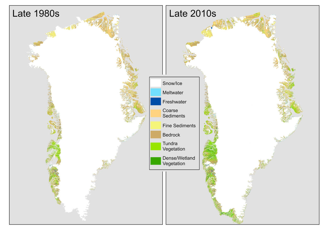 Comparison between landcover classifications for the late 1980s and for the late 2010s at *30m resolution* reveals greening as vegetation coverage expands, especially in the south-west and north-east. (Michael Grimes PhD / University of Leeds)