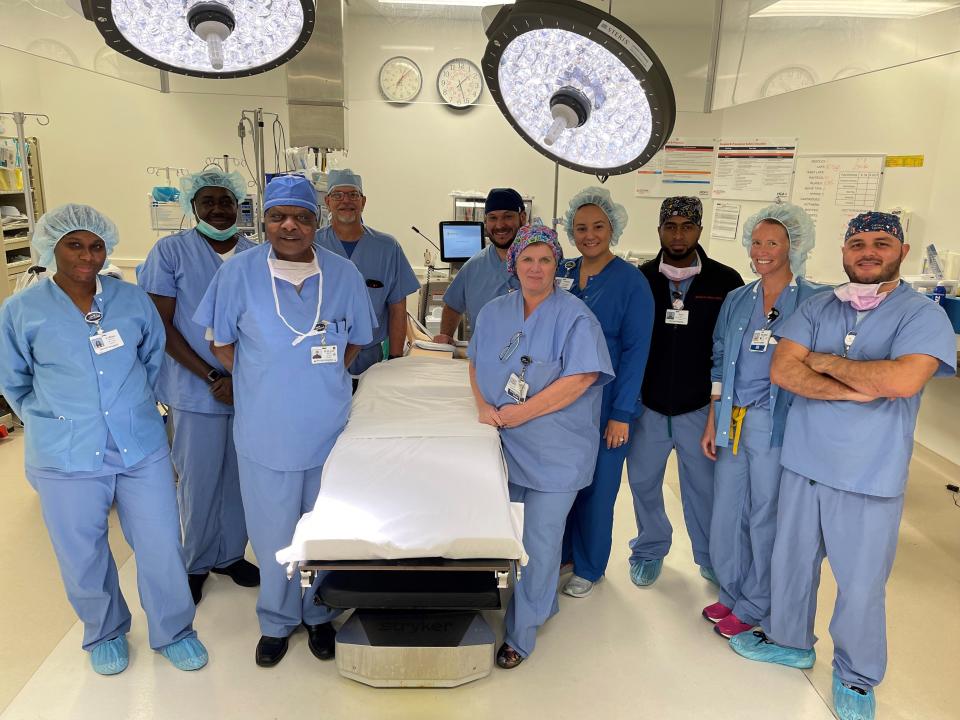 An operating room team at HCA Florida Sarasota Doctors Hospital poses for a photo. The hospital earned an A grade in the Fall Leapfrog Group report card, after slipping back to a B in the Spring 2022 grades.