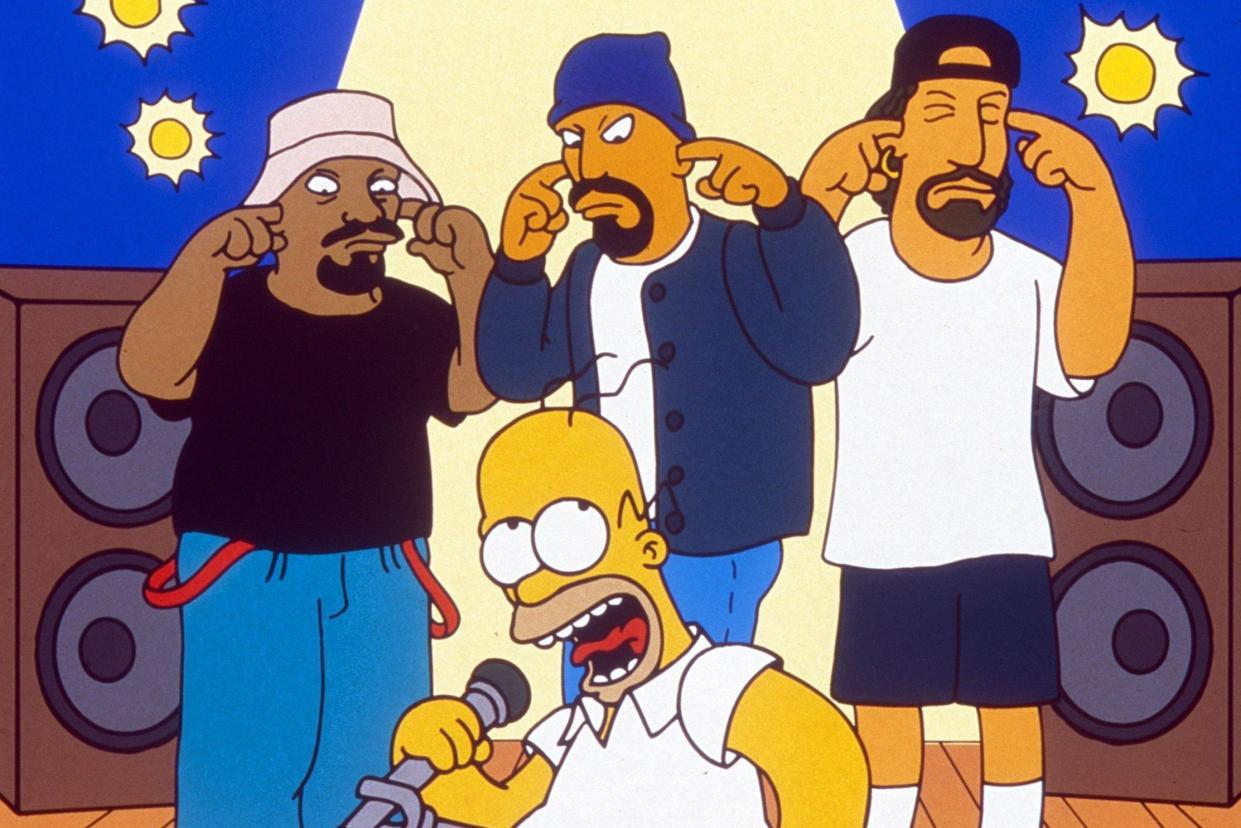 Cartoon Cypress Hill characters with their fingers in their ears and Homer Simpson singing