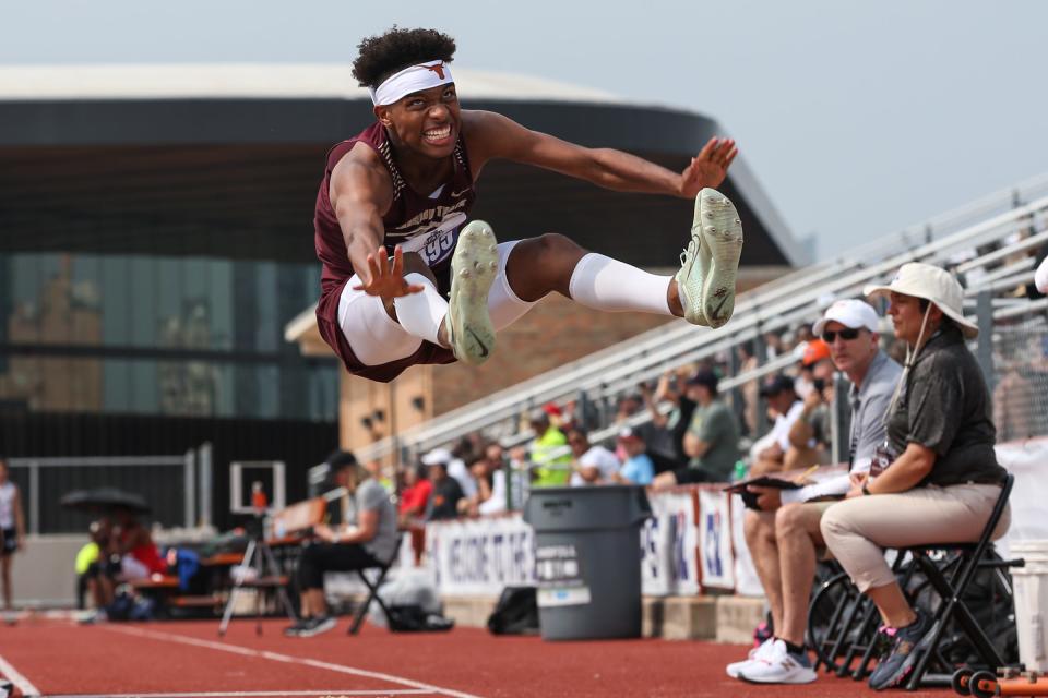 Tuloso-Midway's Jayden McCoy competes in the Class 4A long jump at the UIL State Track and Field meet, Thursday, May 11, 2023, at Mike A. Myers Stadium in Austin.