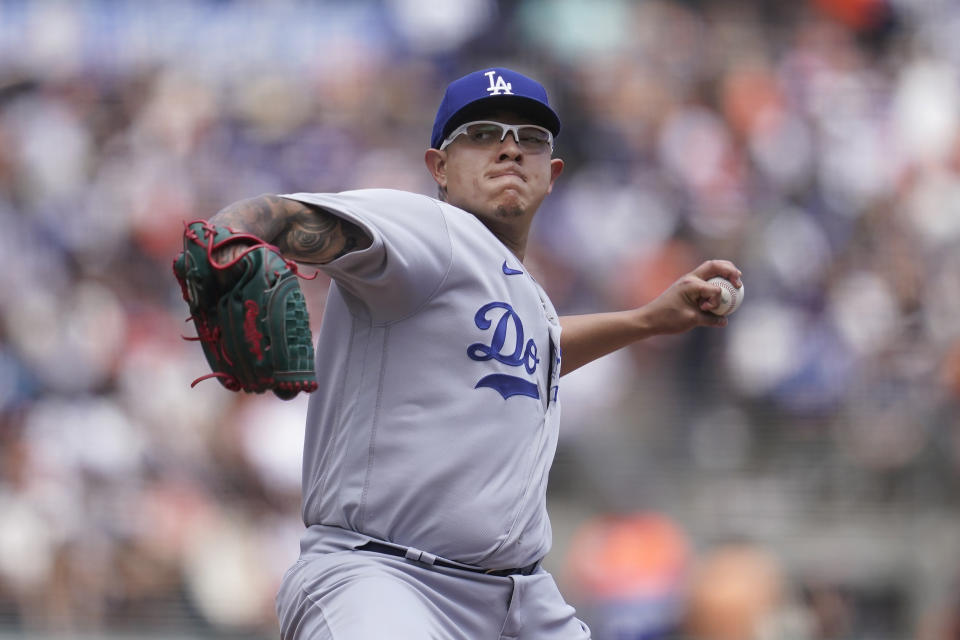 Los Angeles Dodgers' Julio Urias pitches against the San Francisco Giants during the first inning of a baseball game in San Francisco, Sunday, June 12, 2022. (AP Photo/Jeff Chiu)